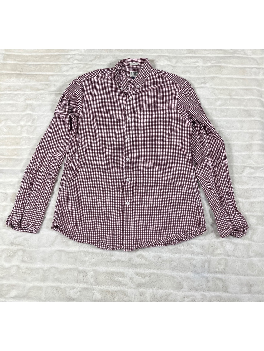 J.Crew Mens M Slim Secret Wash Shirting Red White Gingham Plaid Button Up Shirt